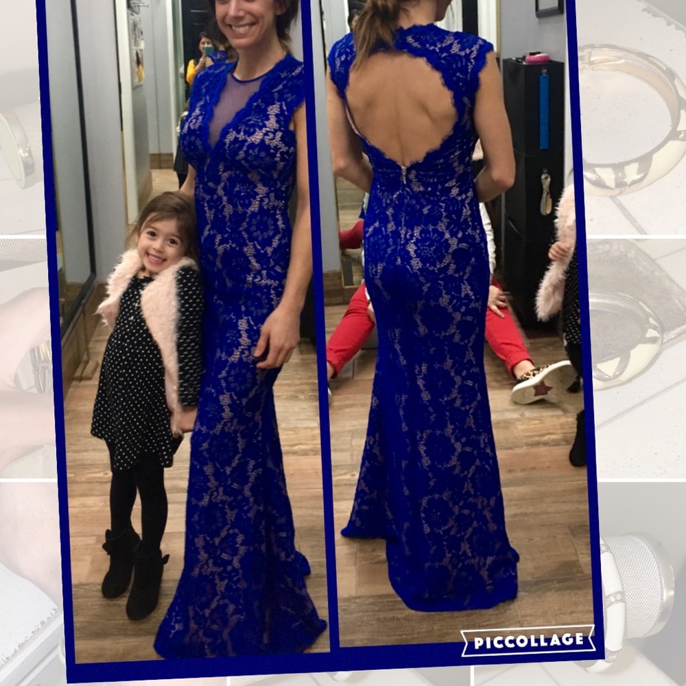 Betsy & Adam royal blue lace long evening gown black tie gala form fitting sz 0